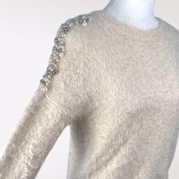 Pearl Beaded Fuzzy Sweater Y2K Soft Knit Glam Pullover Top Small - Picture 6 of 9